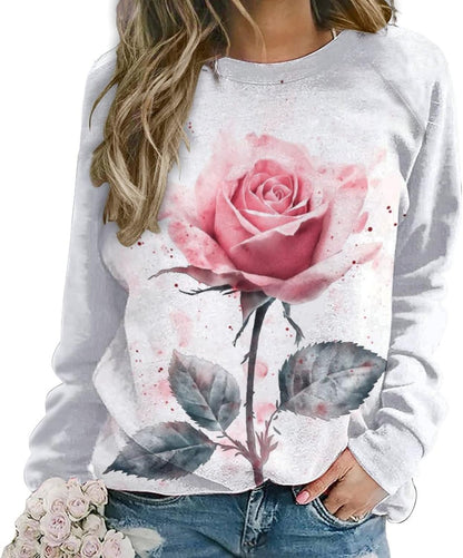 LOAIHA Valentine's Day Sweatshirt Women Flower Love Heart Graphic Shirts Long Sleeve Crewneck Sweatshirts Y2k Hoodie