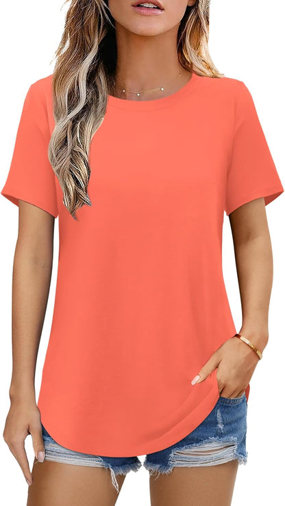 Elesomo Womens Shirts Casual Crew Neck Short/Long Sleeve Tunic Tops Tees