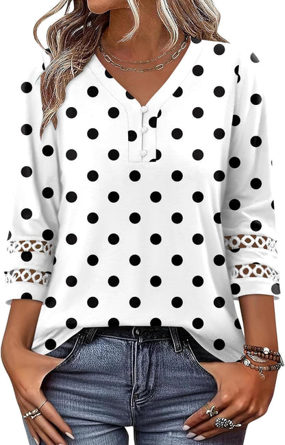CRAZY GRID Womens 3/4 Sleeve Womens Tops V-Neck Lace Shirt Button Down Business Casual Blouses Fall Trendy Outfits 2026 S-XXL