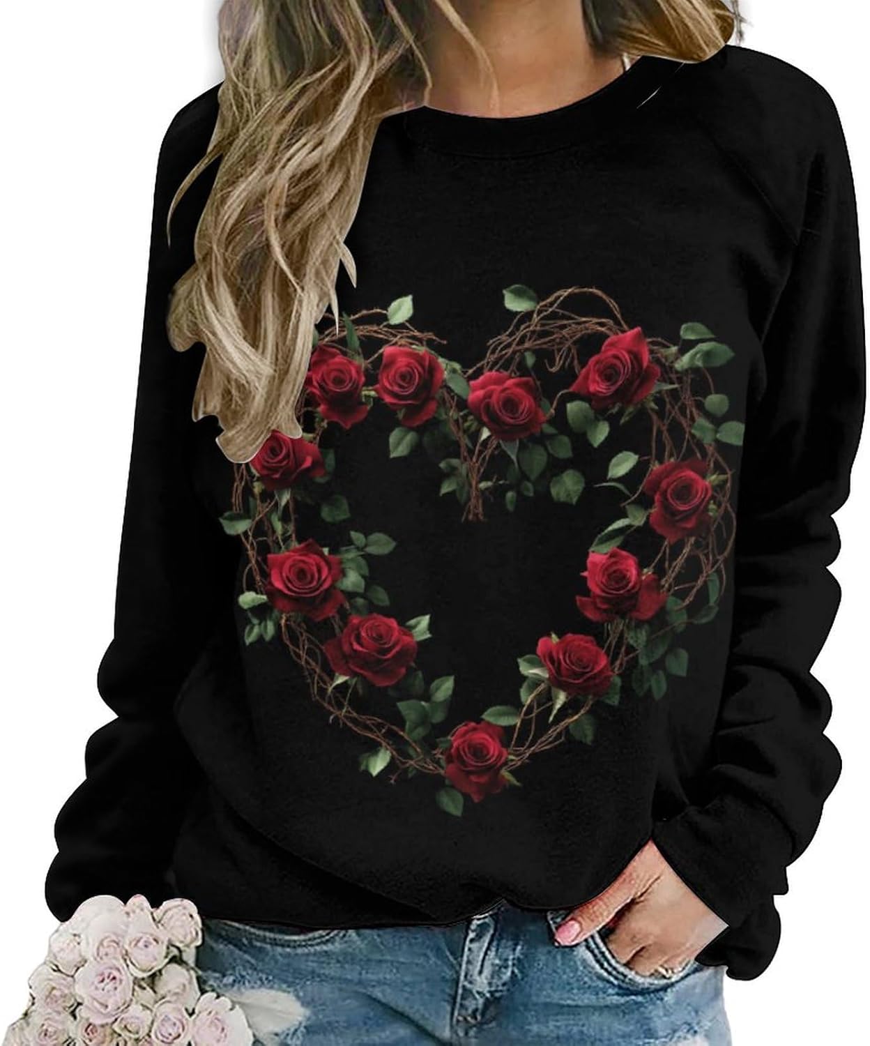 LOAIHA Valentine's Day Sweatshirt Women Flower Love Heart Graphic Shirts Long Sleeve Crewneck Sweatshirts Y2k Hoodie