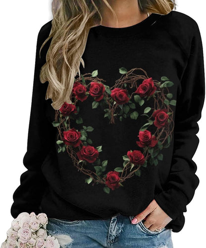 LOAIHA Valentine's Day Sweatshirt Women Flower Love Heart Graphic Shirts Long Sleeve Crewneck Sweatshirts Y2k Hoodie