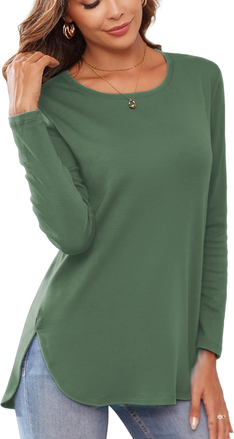 Herou Women's Casual Long/Short Sleeve T Shirt Crewneck with Side Split Fall Pullover Loose Tunic Sweater Tops