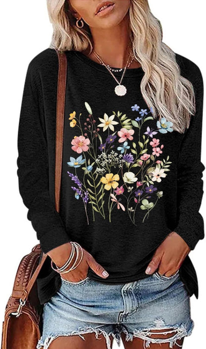 Women's Vintage Floral T Shirt Boho Wildflower Graphic Loose Tees Fall Long Sleeve Blouse Shirts Casual Tunic Tops