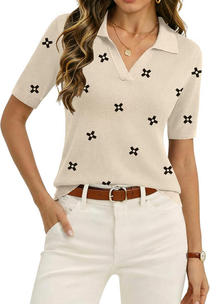 Zeagoo Womens Polo Sweater Short Sleeve V Neck Knitted Business Casual Office Tops Spring Pullover