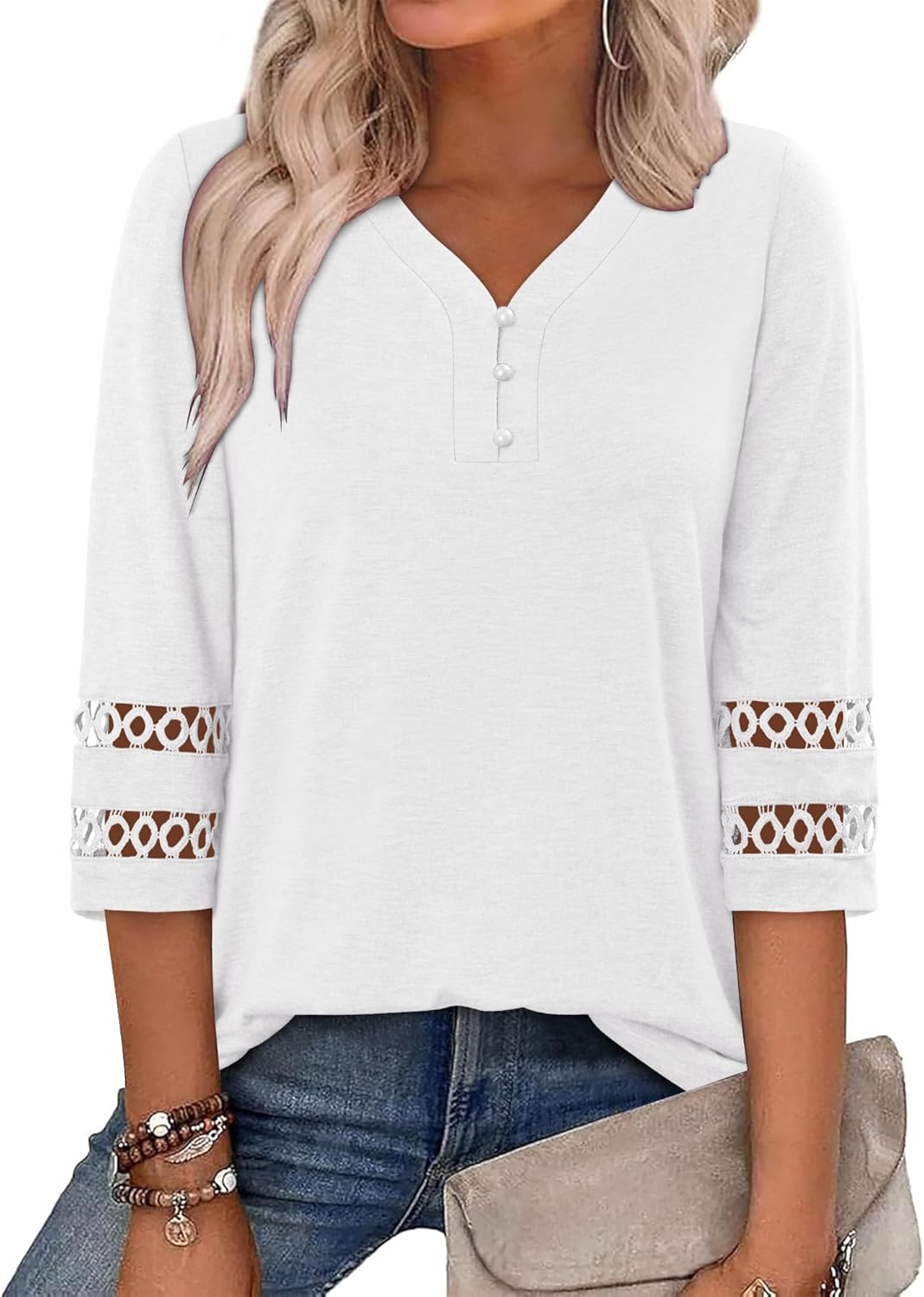 CRAZY GRID Womens 3/4 Sleeve Womens Tops V-Neck Lace Shirt Button Down Business Casual Blouses Fall Trendy Outfits 2026 S-XXL