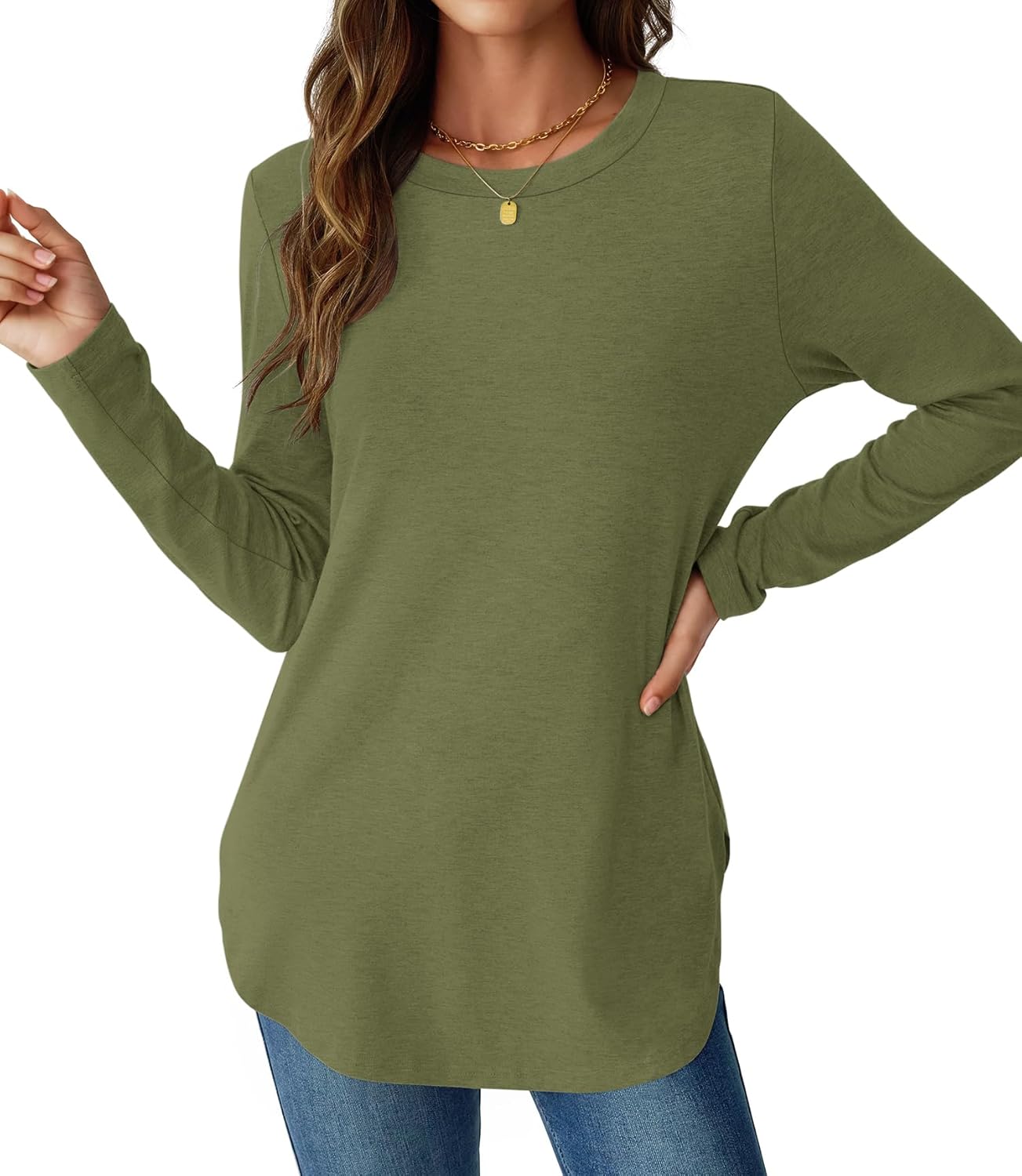 NORACORA Women Long Sleeve Shirts Loose Tunic Crew Neck Lightweight Side Split Casual 2026 Spring Trendy Basic Tshirts Blouse