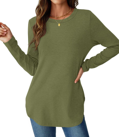 NORACORA Women Long Sleeve Shirts Loose Tunic Crew Neck Lightweight Side Split Casual 2026 Spring Trendy Basic Tshirts Blouse