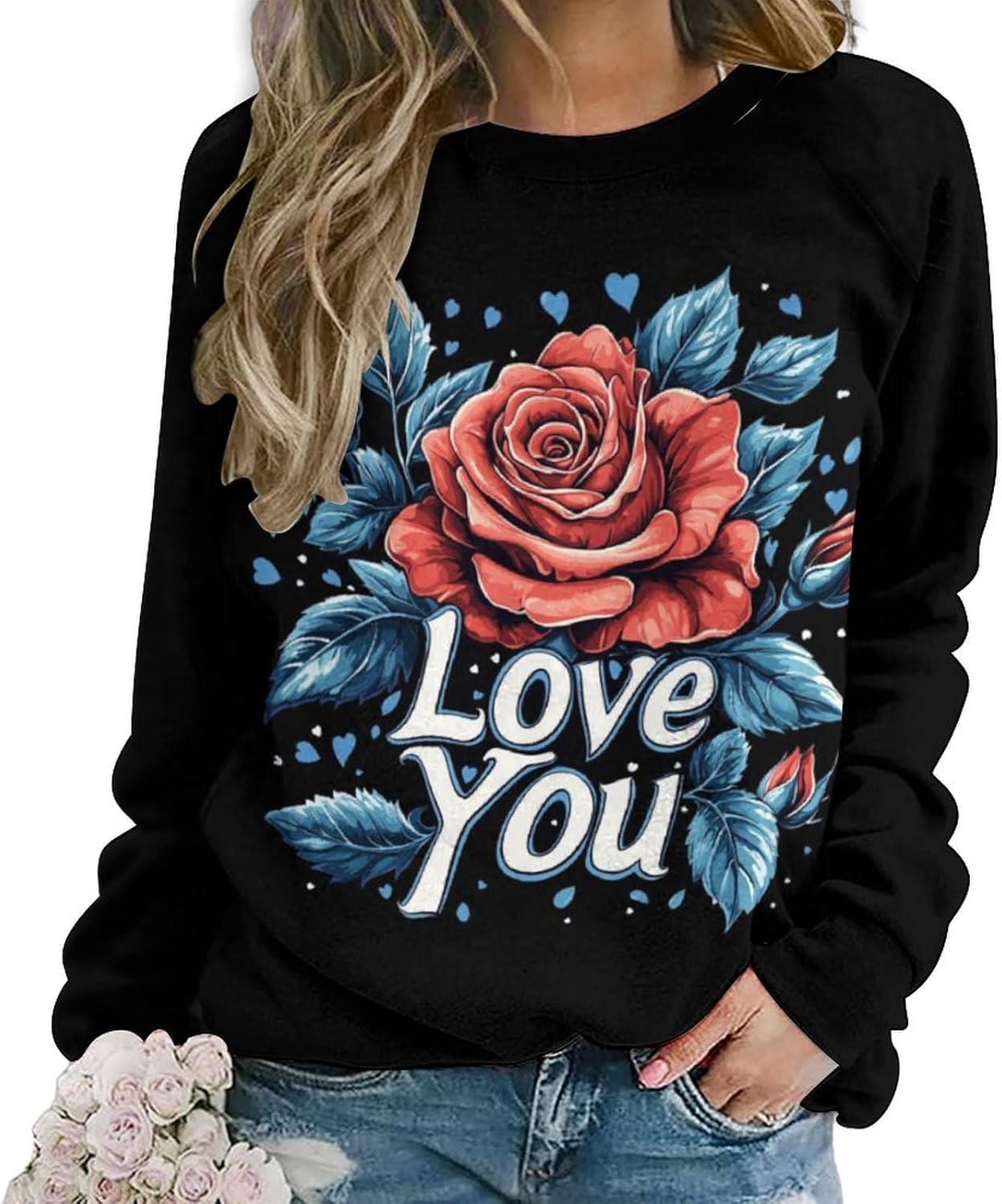 LOAIHA Valentine's Day Sweatshirt Women Flower Love Heart Graphic Shirts Long Sleeve Crewneck Sweatshirts Y2k Hoodie
