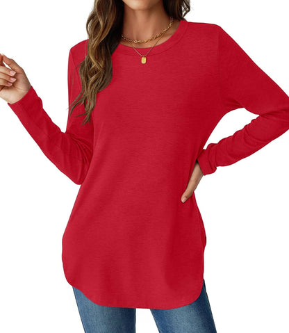 NORACORA Women Long Sleeve Shirts Loose Tunic Crew Neck Lightweight Side Split Casual 2026 Spring Trendy Basic Tshirts Blouse