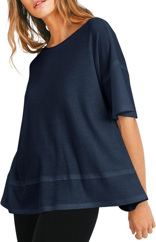 Tankaneo Womens Oversized Knit Tunic Tops Summer Casual Short Sleeve Round Neck T Shirt Loose Fit Side Split Waffle Tees