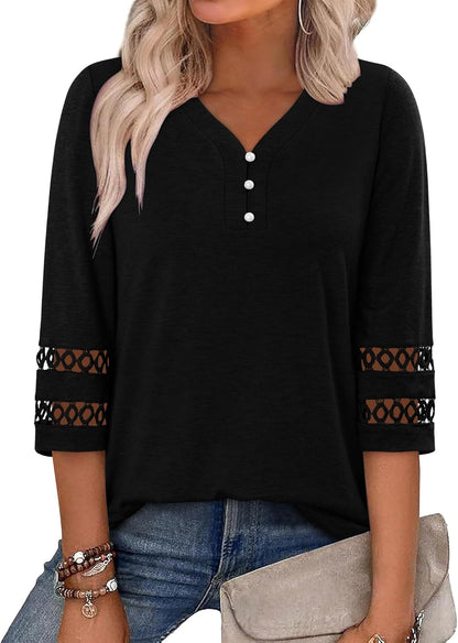 CRAZY GRID Womens 3/4 Sleeve Womens Tops V-Neck Lace Shirt Button Down Business Casual Blouses Fall Trendy Outfits 2026 S-XXL