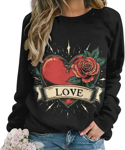 LOAIHA Valentine's Day Sweatshirt Women Flower Love Heart Graphic Shirts Long Sleeve Crewneck Sweatshirts Y2k Hoodie