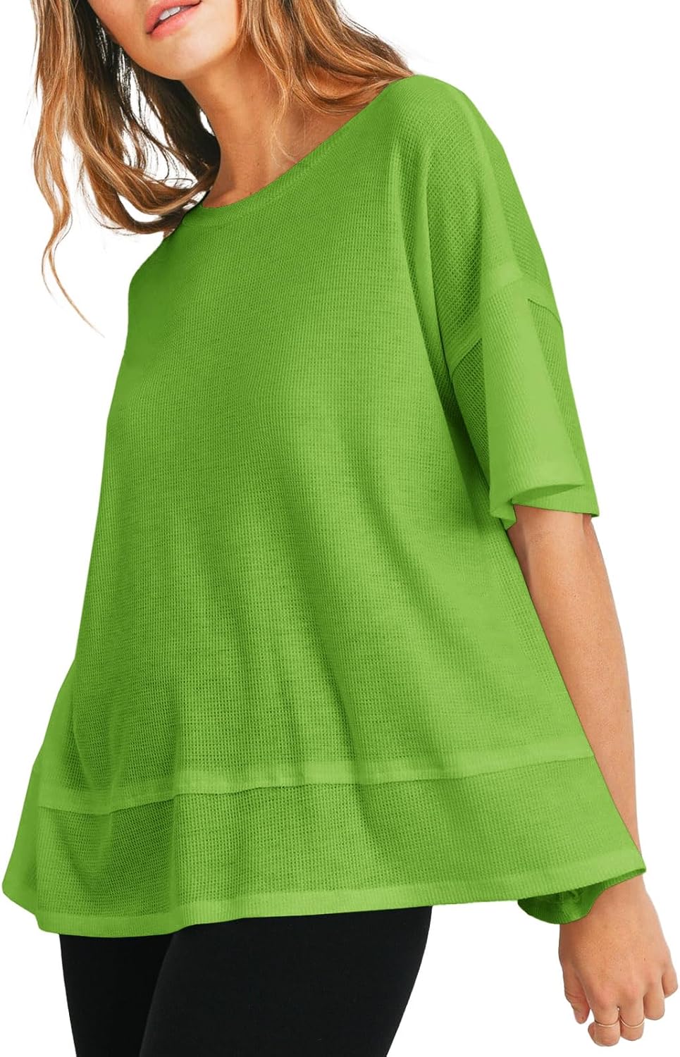 Tankaneo Womens Oversized Knit Tunic Tops Summer Casual Short Sleeve Round Neck T Shirt Loose Fit Side Split Waffle Tees