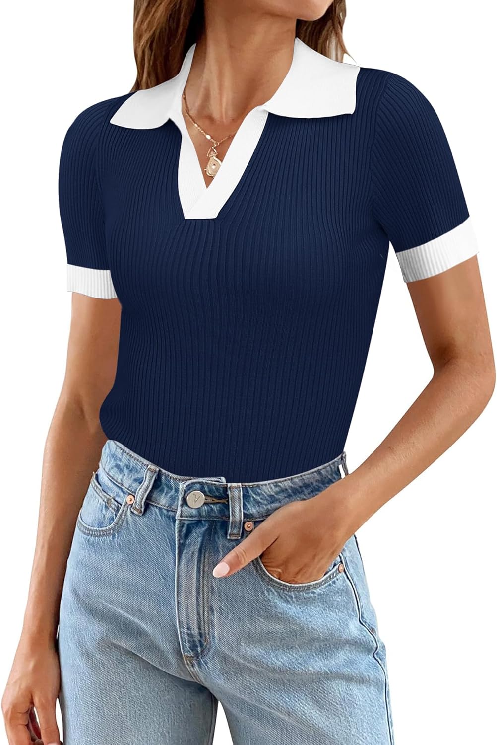 Ivicoer Womens V Neck Sweaters Dressy Casual Short Sleeve Sweater Slim Fit Lightweight Knit Tops