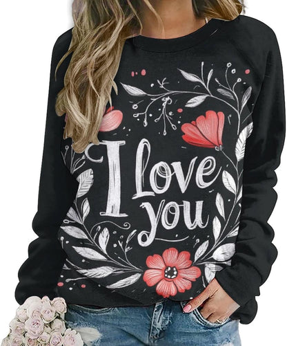 LOAIHA Valentine's Day Sweatshirt Women Flower Love Heart Graphic Shirts Long Sleeve Crewneck Sweatshirts Y2k Hoodie