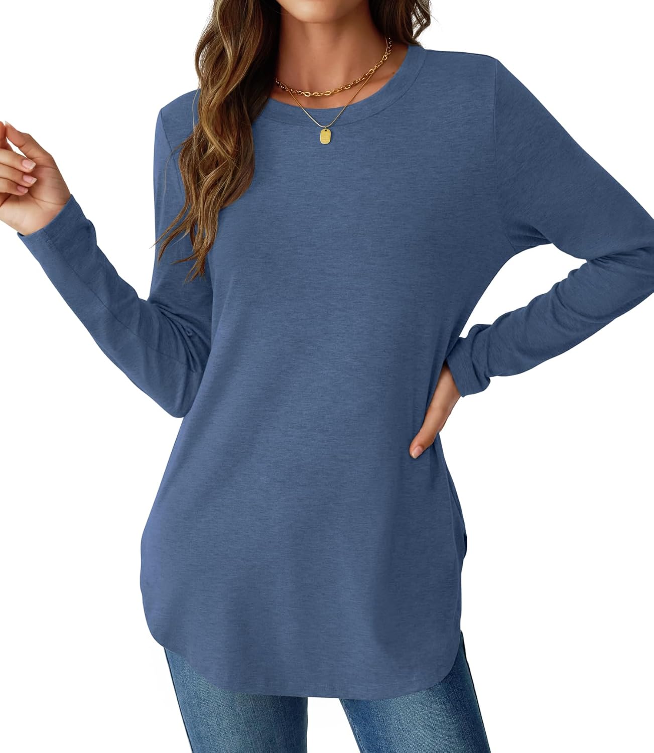 NORACORA Women Long Sleeve Shirts Loose Tunic Crew Neck Lightweight Side Split Casual 2026 Spring Trendy Basic Tshirts Blouse