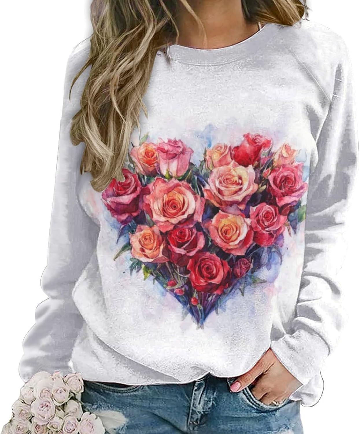 LOAIHA Valentine's Day Sweatshirt Women Flower Love Heart Graphic Shirts Long Sleeve Crewneck Sweatshirts Y2k Hoodie