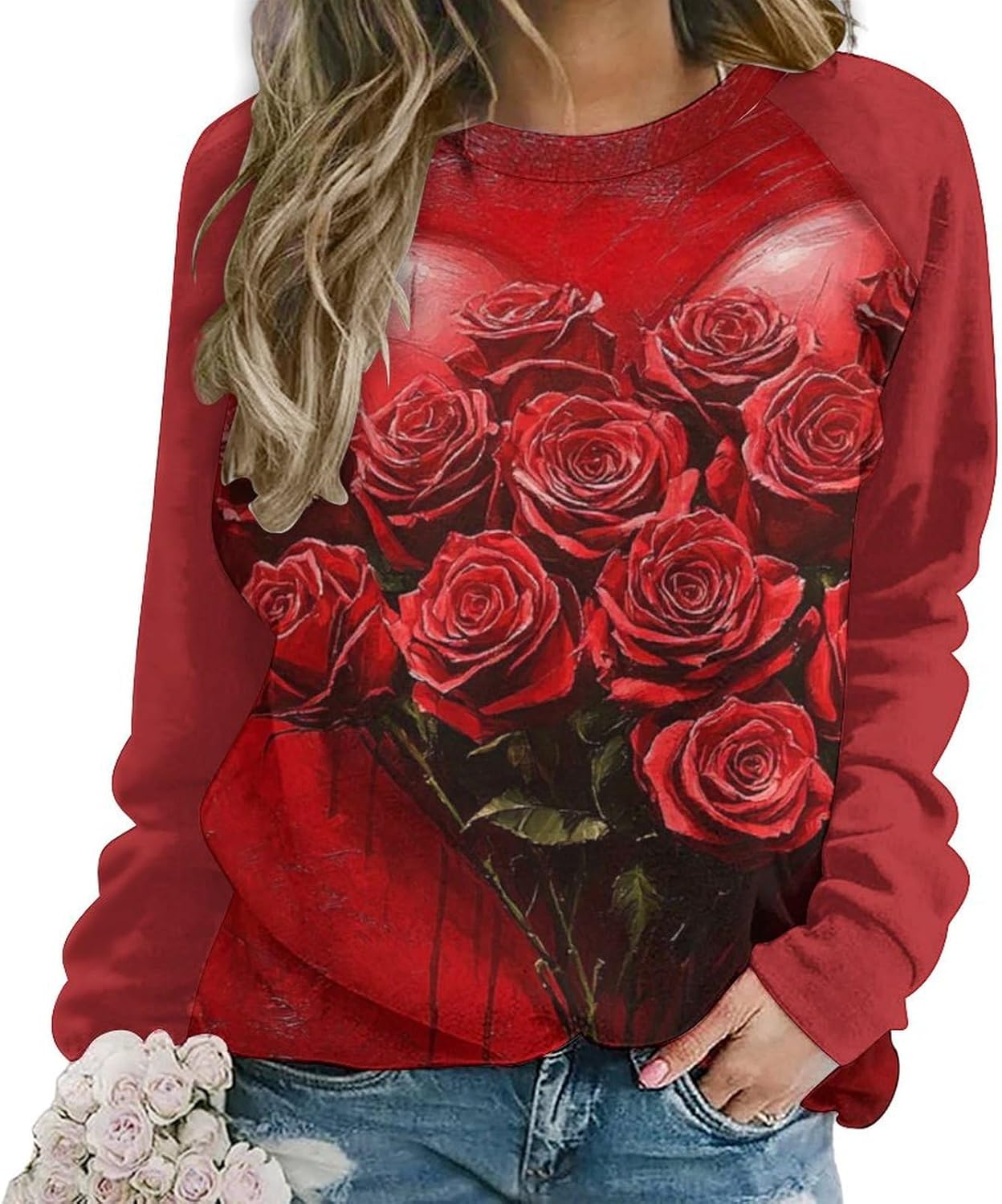 LOAIHA Valentine's Day Sweatshirt Women Flower Love Heart Graphic Shirts Long Sleeve Crewneck Sweatshirts Y2k Hoodie