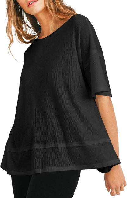 Tankaneo Womens Oversized Knit Tunic Tops Summer Casual Short Sleeve Round Neck T Shirt Loose Fit Side Split Waffle Tees