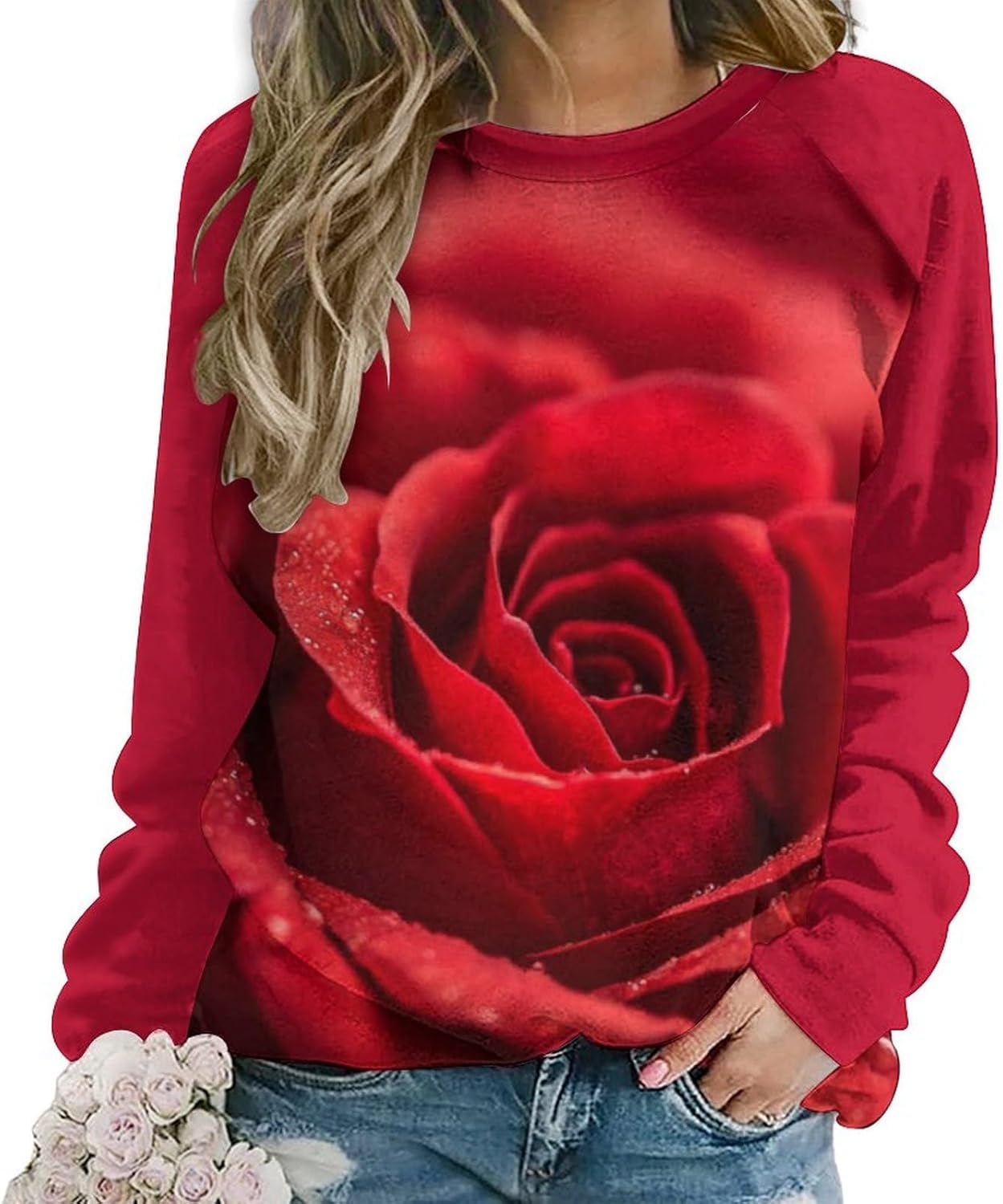 LOAIHA Valentine's Day Sweatshirt Women Flower Love Heart Graphic Shirts Long Sleeve Crewneck Sweatshirts Y2k Hoodie