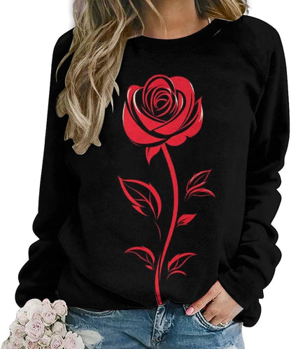 LOAIHA Valentine's Day Sweatshirt Women Flower Love Heart Graphic Shirts Long Sleeve Crewneck Sweatshirts Y2k Hoodie