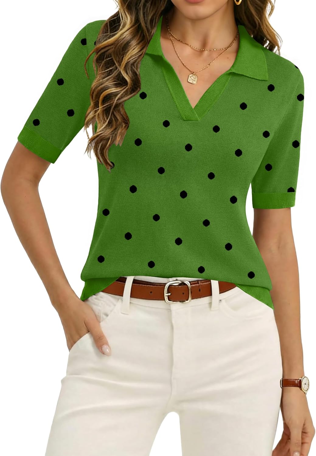 Zeagoo Womens Polo Sweater Short Sleeve V Neck Knitted Business Casual Office Tops Spring Pullover