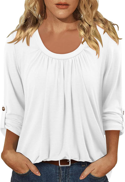 CRAZY GRID 3/4 Length Sleeve Women Tops Crewneck Pleated Cute Blouses Dressy Casual Summer T Shirts Loose Fit