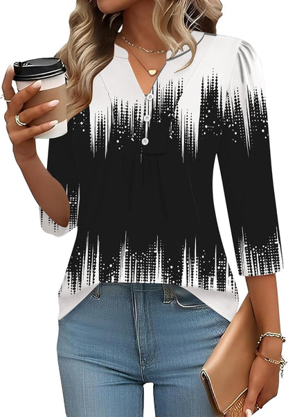 IECCP 3/4 Length Sleeve Womens Tops Dressy Casual Henley V-Neck Summer Tops Pleated T-Shirts Loose Fit Work Blouses
