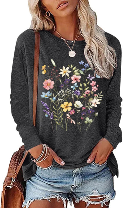 Women's Vintage Floral T Shirt Boho Wildflower Graphic Loose Tees Fall Long Sleeve Blouse Shirts Casual Tunic Tops