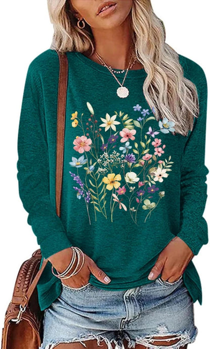 Women's Vintage Floral T Shirt Boho Wildflower Graphic Loose Tees Fall Long Sleeve Blouse Shirts Casual Tunic Tops