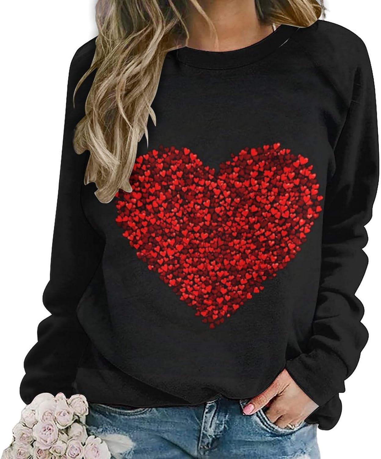 LOAIHA Valentine's Day Sweatshirt Women Flower Love Heart Graphic Shirts Long Sleeve Crewneck Sweatshirts Y2k Hoodie