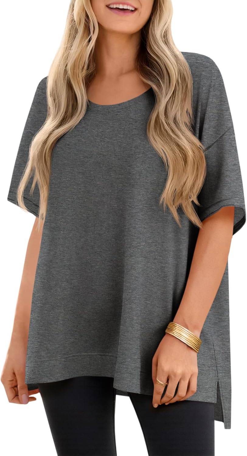 Tankaneo Womens Oversized Scoop Neck Tshirts Summer Casual Short Sleeve Tops Side Slit Loose Fit Basic Tee Shirts
