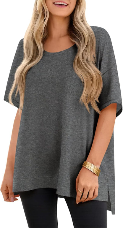 Tankaneo Womens Oversized Scoop Neck Tshirts Summer Casual Short Sleeve Tops Side Slit Loose Fit Basic Tee Shirts
