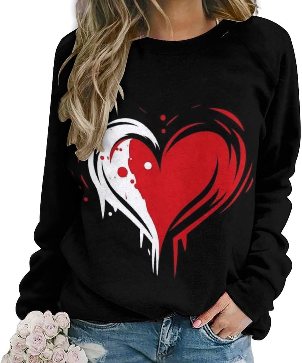 LOAIHA Valentine's Day Sweatshirt Women Flower Love Heart Graphic Shirts Long Sleeve Crewneck Sweatshirts Y2k Hoodie