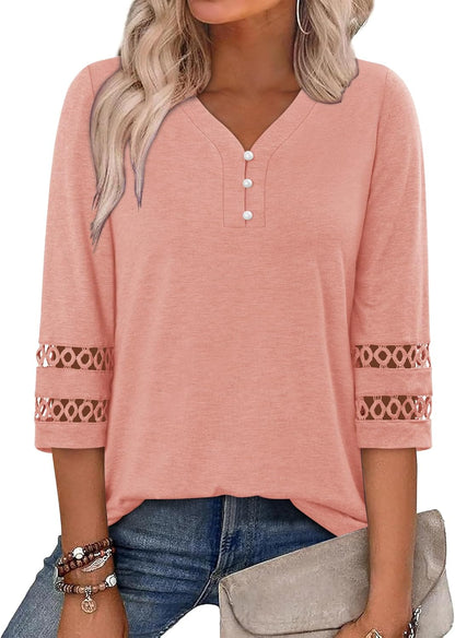 CRAZY GRID Womens 3/4 Sleeve Womens Tops V-Neck Lace Shirt Button Down Business Casual Blouses Fall Trendy Outfits 2026 S-XXL