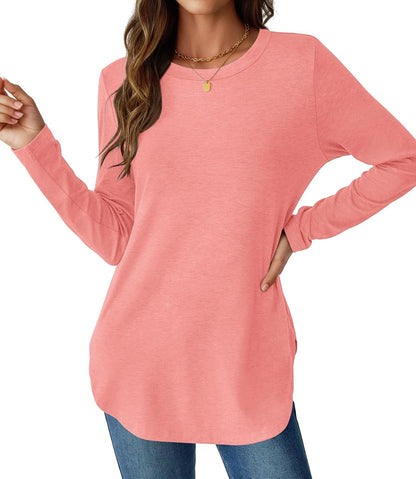 NORACORA Women Long Sleeve Shirts Loose Tunic Crew Neck Lightweight Side Split Casual 2026 Spring Trendy Basic Tshirts Blouse
