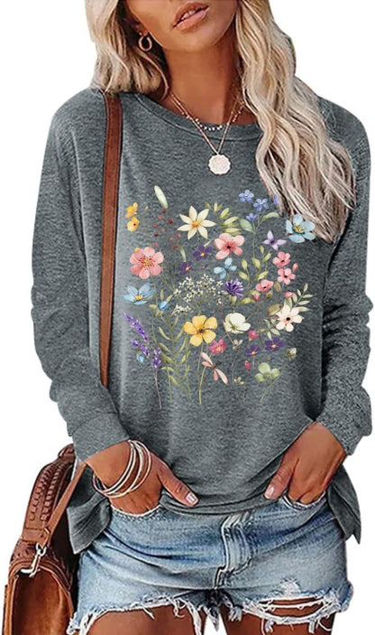 Women's Vintage Floral T Shirt Boho Wildflower Graphic Loose Tees Fall Long Sleeve Blouse Shirts Casual Tunic Tops