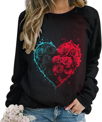 LOAIHA Valentine's Day Sweatshirt Women Flower Love Heart Graphic Shirts Long Sleeve Crewneck Sweatshirts Y2k Hoodie