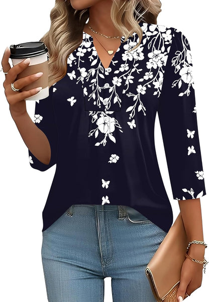 IECCP 3/4 Length Sleeve Womens Tops Dressy Casual Henley V-Neck Summer Tops Pleated T-Shirts Loose Fit Work Blouses