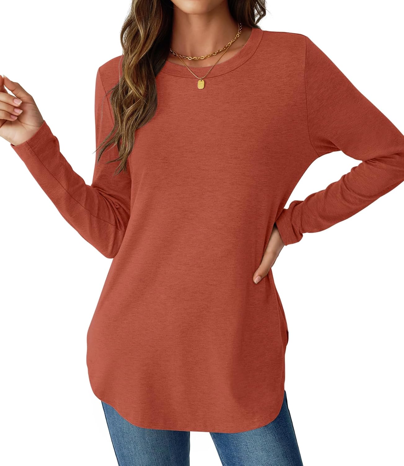 NORACORA Women Long Sleeve Shirts Loose Tunic Crew Neck Lightweight Side Split Casual 2026 Spring Trendy Basic Tshirts Blouse