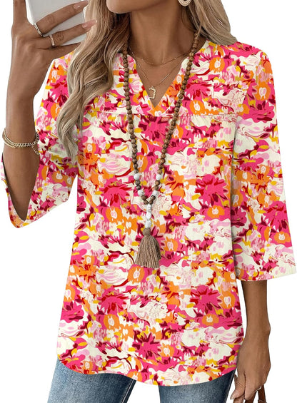 Rapbin Womens 3/4 Sleeve V Neck Boho Pleated Blouses for Women Dressy Casual Loose Fit Tops