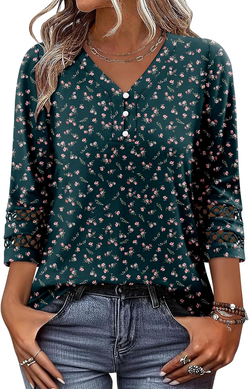 CRAZY GRID Womens 3/4 Sleeve Womens Tops V-Neck Lace Shirt Button Down Business Casual Blouses Fall Trendy Outfits 2026 S-XXL