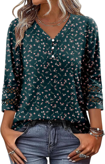 CRAZY GRID Womens 3/4 Sleeve Womens Tops V-Neck Lace Shirt Button Down Business Casual Blouses Fall Trendy Outfits 2026 S-XXL