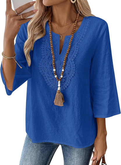 LOMON Womens 3/4 Sleeve Tops Cotton Linen Shirts V Neck Lace Casual Loose Fit Blouses Boho Fashion