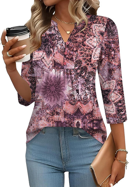 IECCP 3/4 Length Sleeve Womens Tops Dressy Casual Henley V-Neck Summer Tops Pleated T-Shirts Loose Fit Work Blouses