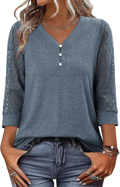 CRAZY GRID Womens 3/4 Sleeve Womens Tops V-Neck Lace Shirt Button Down Business Casual Blouses Fall Trendy Outfits 2026 S-XXL