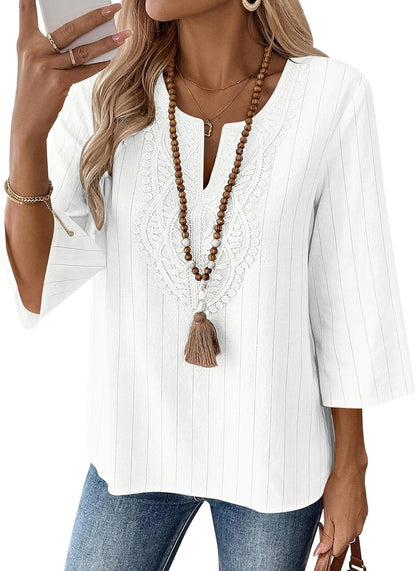 LOMON Womens 3/4 Sleeve Tops Cotton Linen Shirts V Neck Lace Casual Loose Fit Blouses Boho Fashion