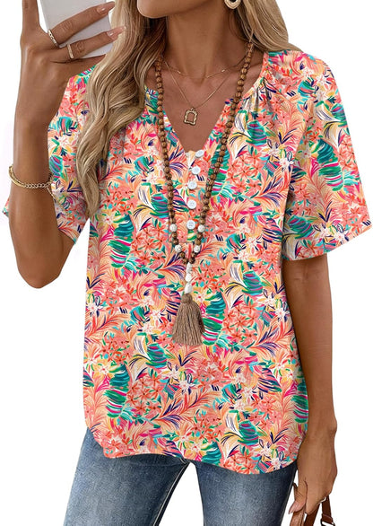 Rapbin Womens Summer Boho Tops Casual Short Sleeve Blouses Button Down Shirts 2026 Beach Vacation Clothes