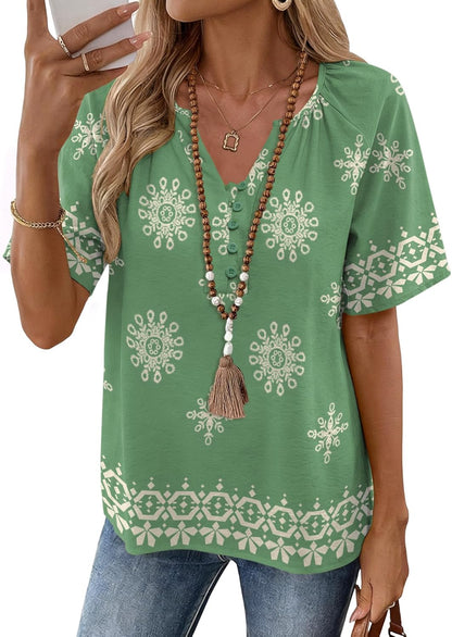 Rapbin Womens Summer Boho Tops Casual Short Sleeve Blouses Button Down Shirts 2026 Beach Vacation Clothes