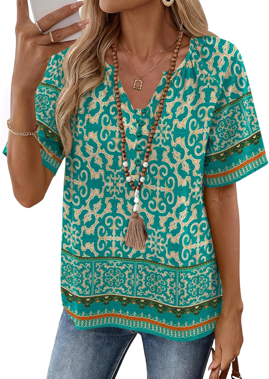 Rapbin Womens Summer Boho Tops Casual Short Sleeve Blouses Button Down Shirts 2026 Beach Vacation Clothes